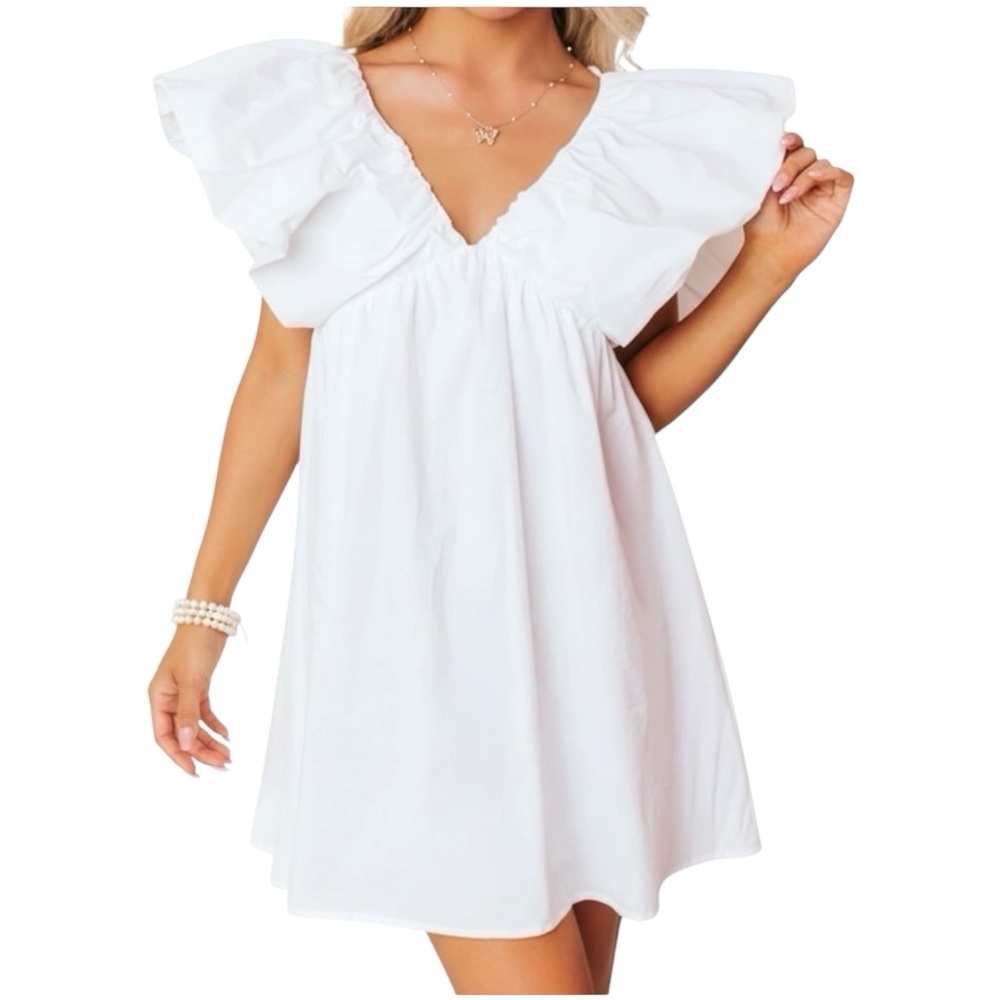 Hausen Balloon Flutter Sleeve Empire Waist V Neck Mini Dress White Women’s Small